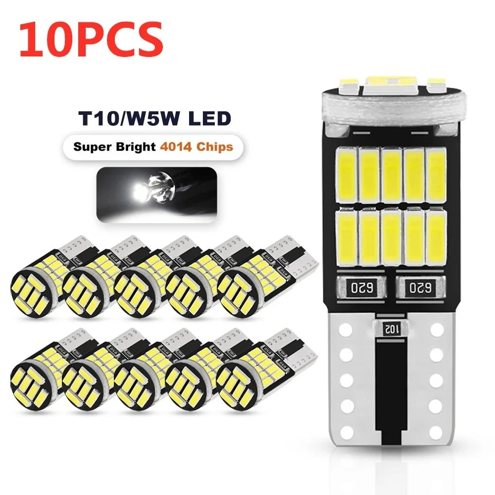 10PCS W5W T10 Led Bulbs Canbus 4014 SMD 6000K 168 194 Led 5w5 Car Interior Dome Reading License Plate Signal LightLamp