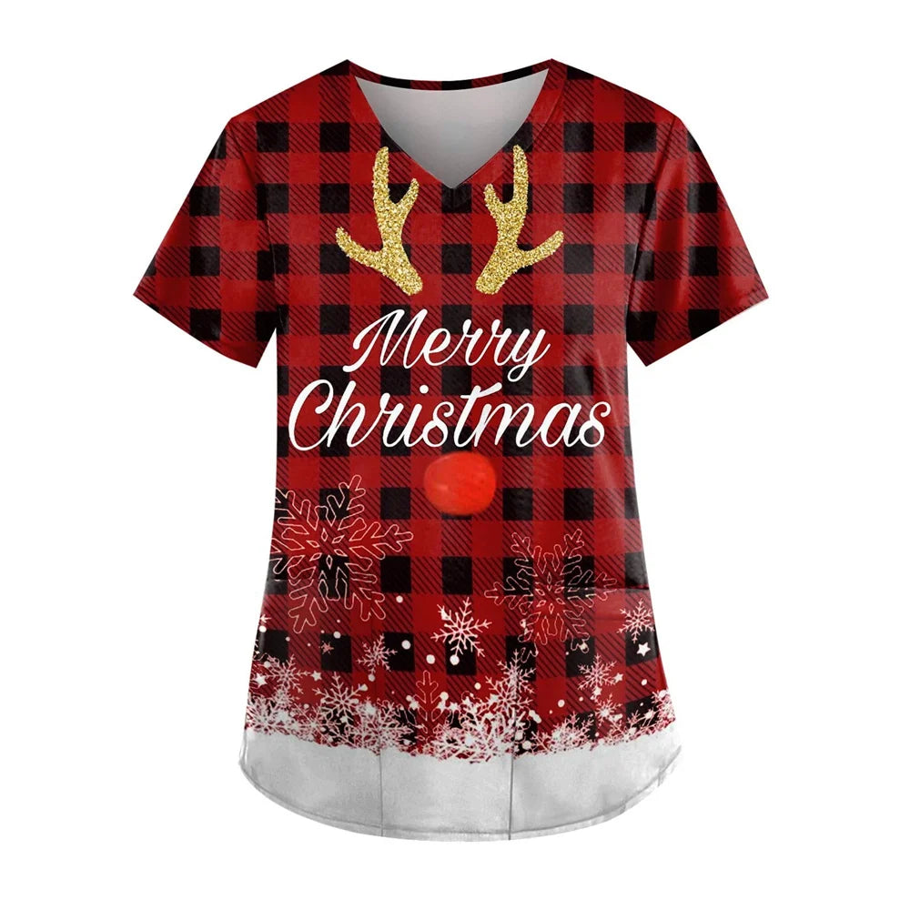 Womens Christmas Nurse T Shirt Print Short Sleeve V Neck Workwear With Pocket Working Nurse Work Wear Overalls Medical Uniforms