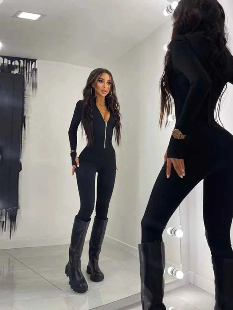 Fitness Outfit Female Casual Sporty Workout Zipper Jumpsuit Women Rompers Long Sleeve Skinny Activity Wear Overalls Tops