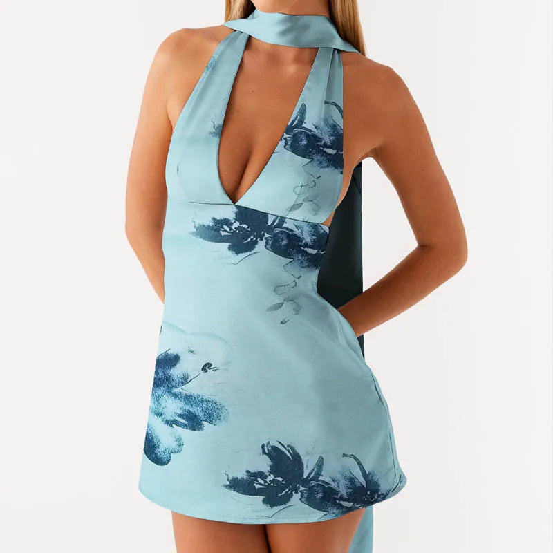 Maemukilabe Y2k Sexy Backless Short Dresses Lady Silk Satin Halter Mini Bodycon Dress with Scarf Women Club Party Night Dress