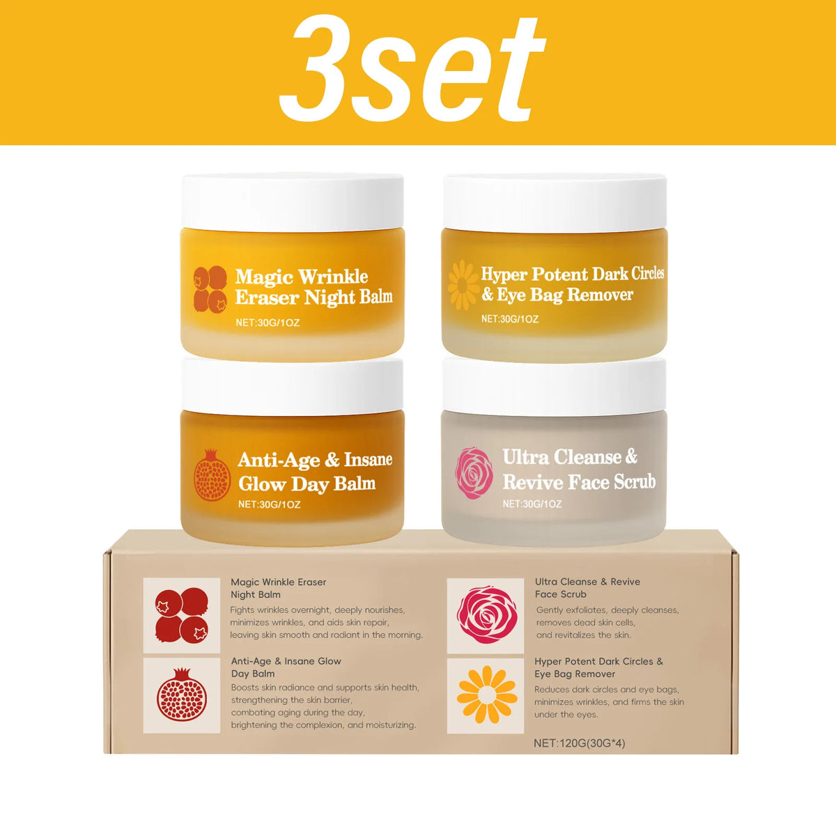 3set Color Complete Hydrating Skincare Set – Day, Night, Eye & Scrub