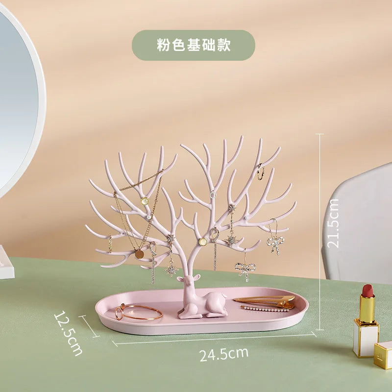 Pink Color Antler Jewelry Display Stand With Tray Organizer