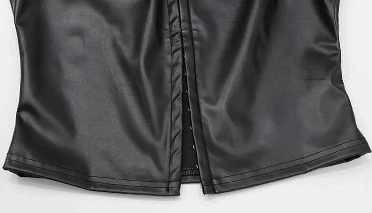 CNYISHE PU Leather Button Solid Short Sleeve Women Tops Sheath Fashion High Collar Blouse Fitness Female Sexy Club Tees Chic