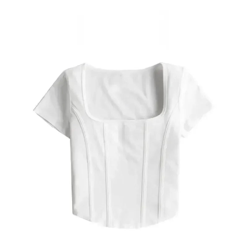 T Shirt Crop Top Women Summer 2026 Flowers Print Cotton Square Collar Pullovers Woman Short Sleeve Tees Slim Fit Sexy Top Female