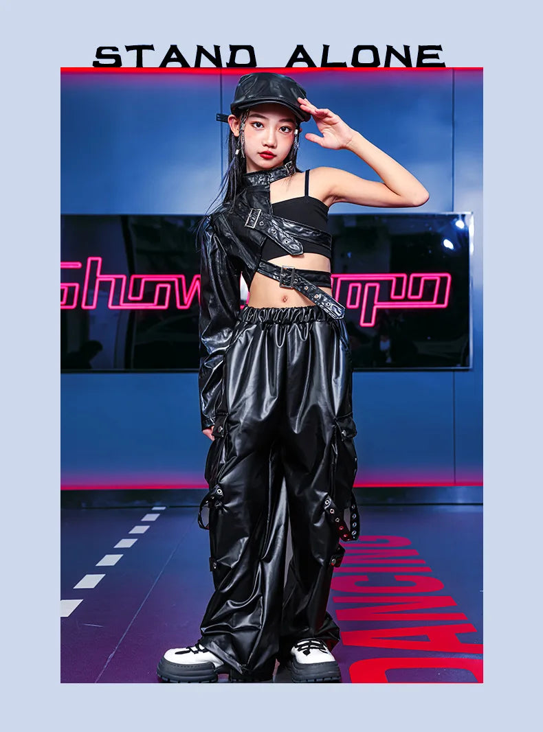 Kid Hip Hop Clothing T Shirt Crop Top Wine Red Arm Sleeve Faux Leather Casual Cargo Pants for Girl Jazz Dance Costumes Clothes