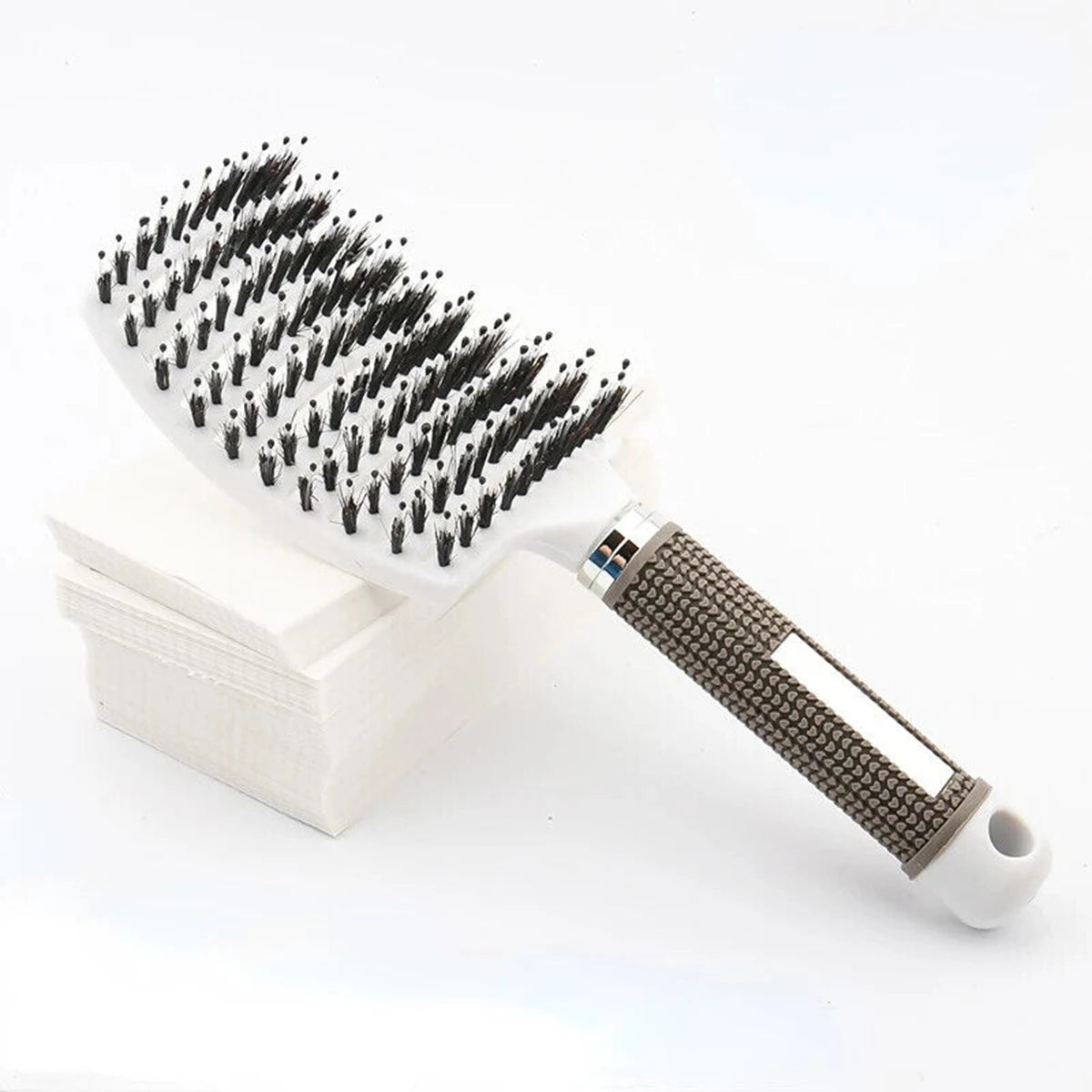 White Color Detangling Scalp Massage Hair Brush With Boar Bristles