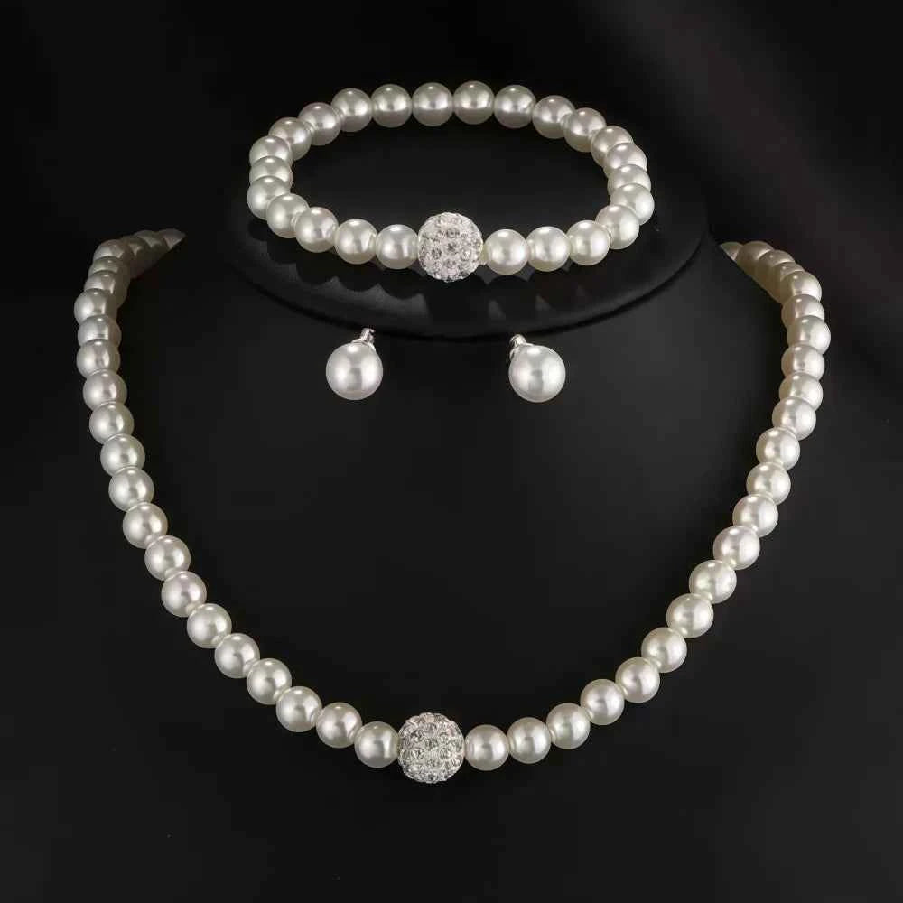 3 PCS Imitation Pearl Fireball Necklace Bracelet Earring Stud Jewelry Set Silver Color Crystal Stone Elegant Bridal Jewelry Gift