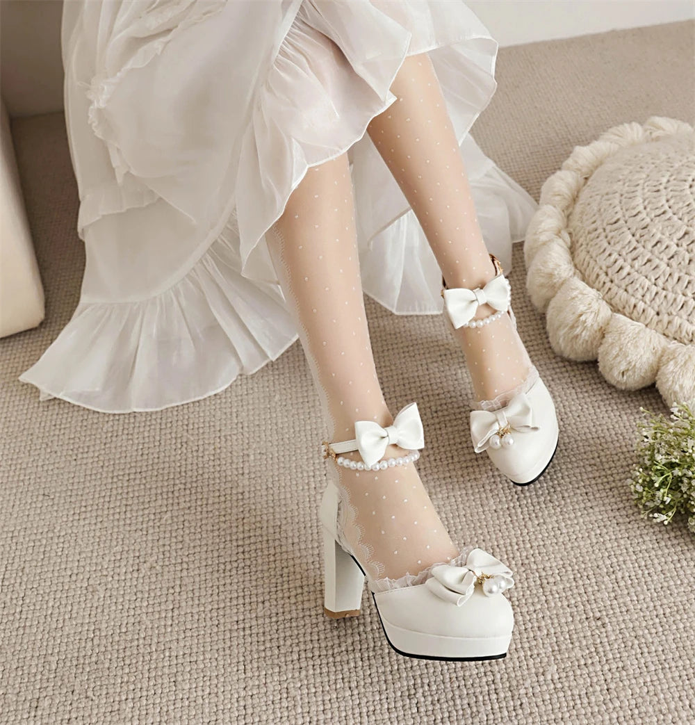 Spring Pearl Ankle Strap Women High Heels Mary Jane Pumps Party Wedding Cosplay White Pink Bow Princess High-heeled Lolita Shoes