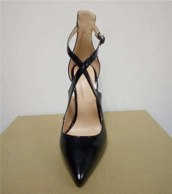 2025 New Baotou Buckle Stiletto High Heels European and American Lacquer Cross Strap Roman Cool Boots Large Size 33-46
