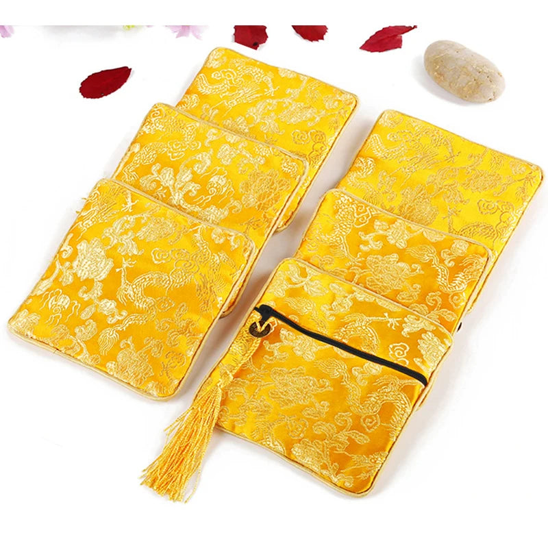 Chinese Brocade Jewelry Storage Bag Handmade Silk Embroidery Padded Small Zipper Tassel Jewelry Organizer Pouch Satin Gift Bag