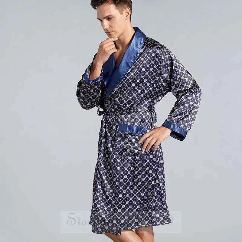 Plus Size 3XL 4XL 5XL Men Robe Sleepwear Navy Blue Stripe Kimono Bathrobe Gown with Pocket Summer Satin Home Clothes Lounge Wear