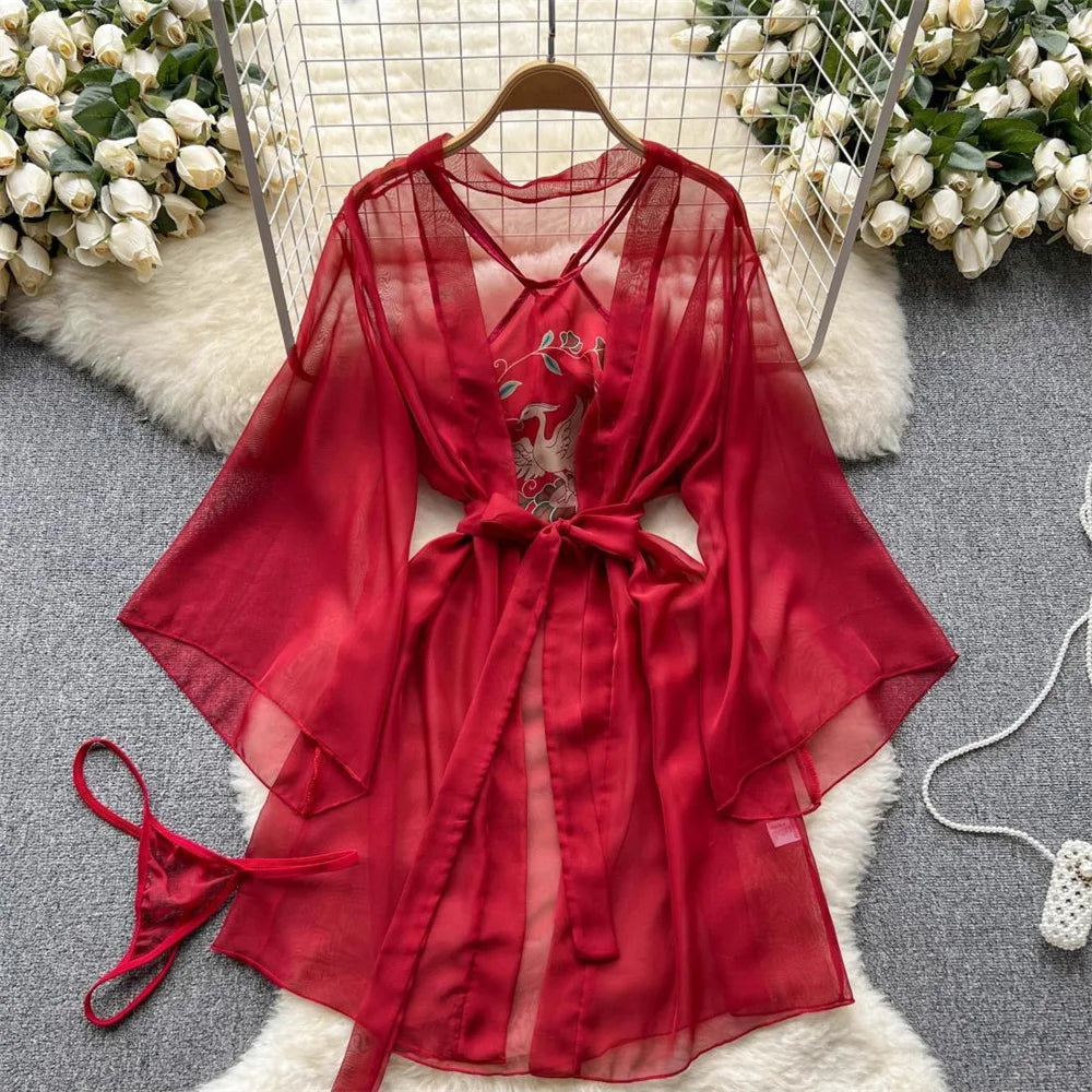 Summer Girls Sexy Hot Sweet Transparent Suspender Mini Dress Women Elastic Waist And Backless Strap Lolita Pajamas Bubble Skirt