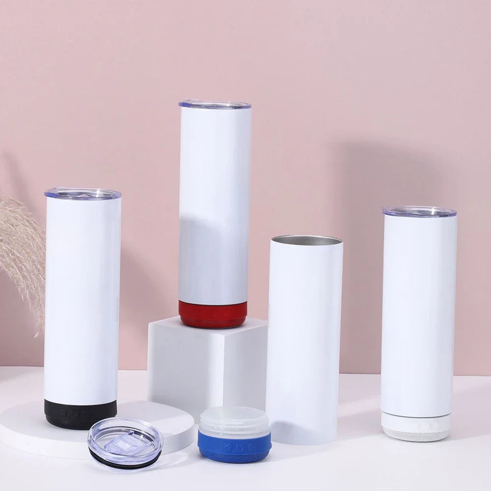 Music Speaker Tumbler with Straw and Lid 20oz Skinny Double Wall Stainless Steel Music Cup with Detachable LED Bluetooth Speaker