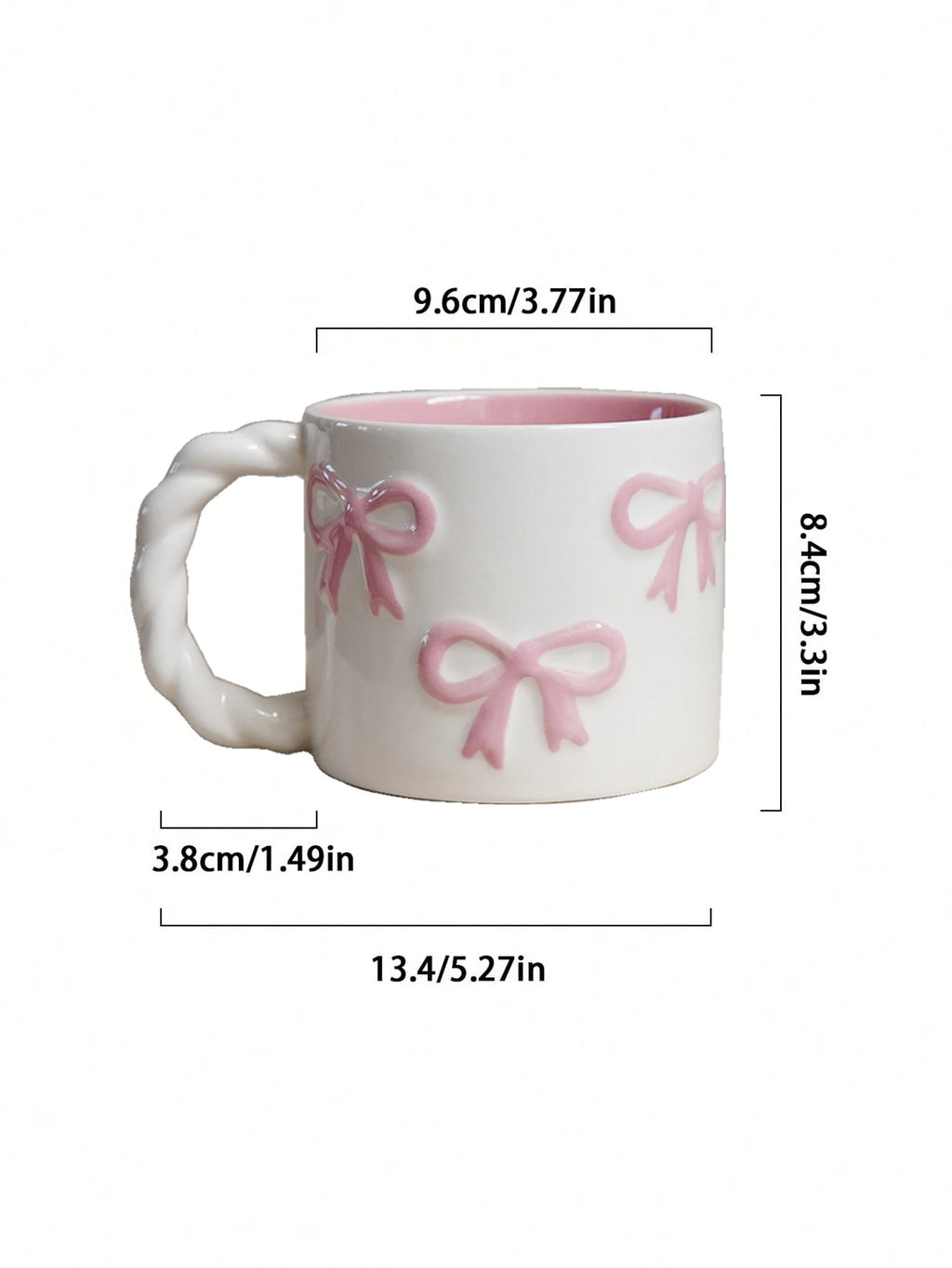 1Pc 13.4oz Pink Ceramic Mug with Bowknot, Ceramic Cup with Twisted Handle, Exquisite and Simple Pink Embossed Cup, Suitable for Latte Art in Coffee Shops, Home Decor Drinkware, Drinking Cup for Kitchen, Living Room, Bedroom,