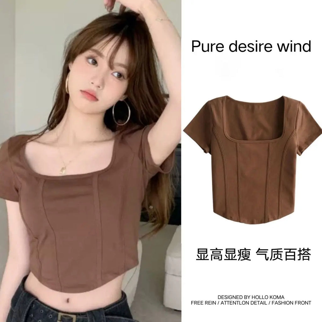T Shirt Crop Top Women Summer 2026 Flowers Print Cotton Square Collar Pullovers Woman Short Sleeve Tees Slim Fit Sexy Top Female