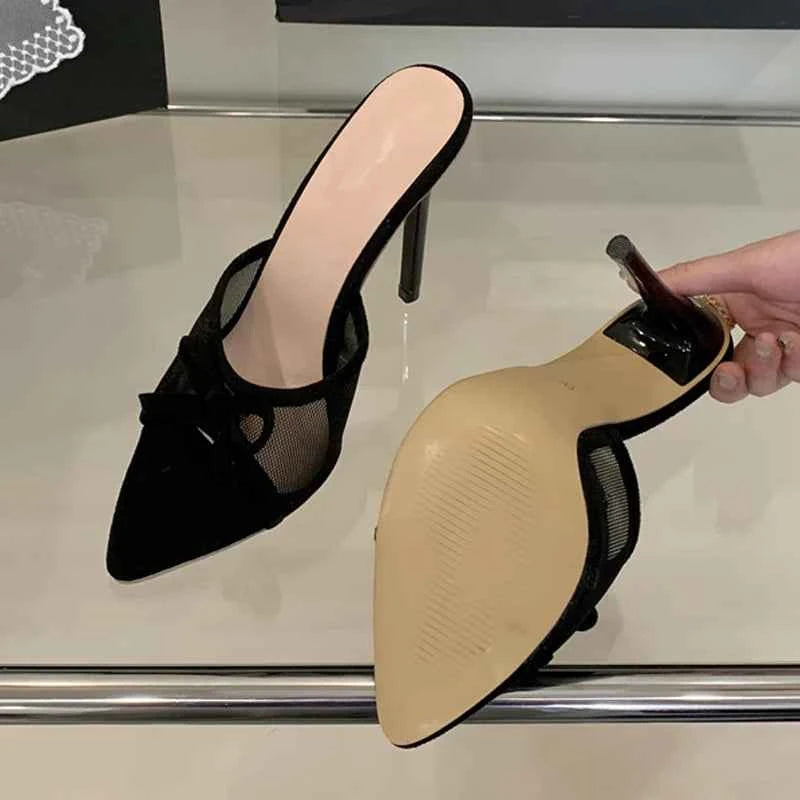 Liyke Street Fashion Bowknot Mesh Women Slippers Sandals Sexy Pointed Open Toe Black High Heels Mules Slides Party Banquet Shoes