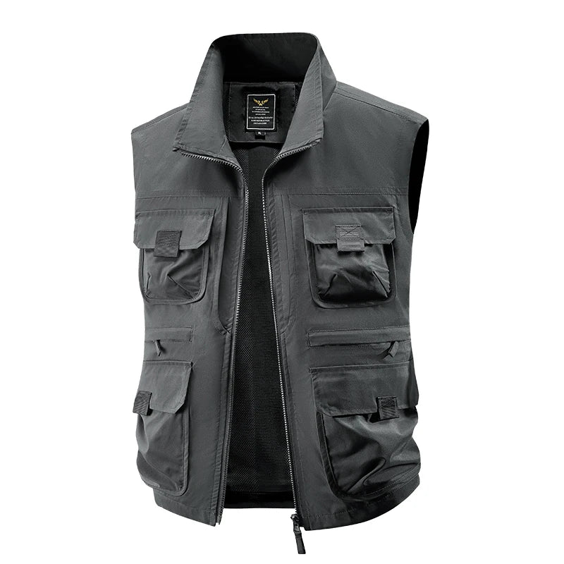 2025 Men's Outdoor Tooling Multi-Pocket Casual Outdoor Fishing Large Size Vest with Vertical Collar Breathable Quick-drying Vest