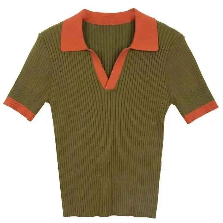Vintage Panelled Knitted T-shirts Women V-neck French Style Slim Summer New Literary Fashion All-match Mature Elegant Ulzzang