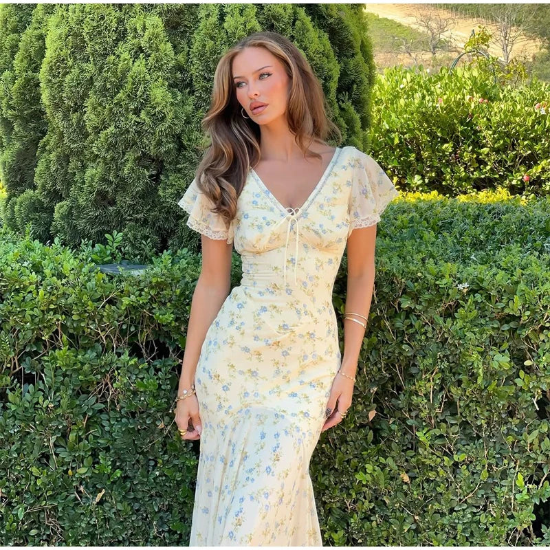 Women Elegant Printed Fishtail Dress Sexy V-neck Short Sleeve Waist-cinching Pleated Slim Maxi Dresses 2026 Lady Vacation Robe
