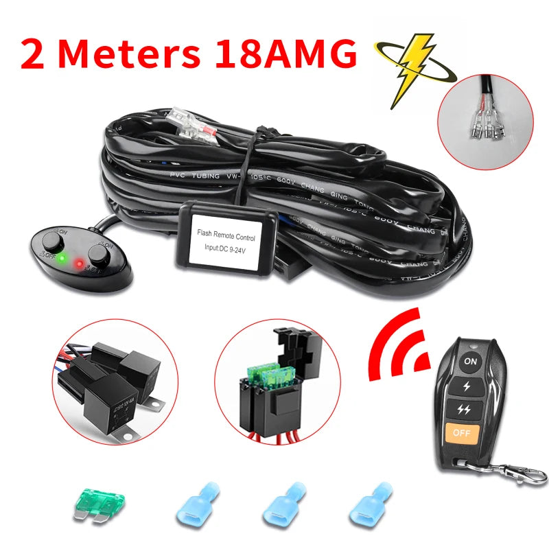 LED Light Bar Wiring Harness Kit 2 Leads Wireless Remote Control Wiring Harness Kit 18AWG Core Cable Wiring Harness Kit for Car