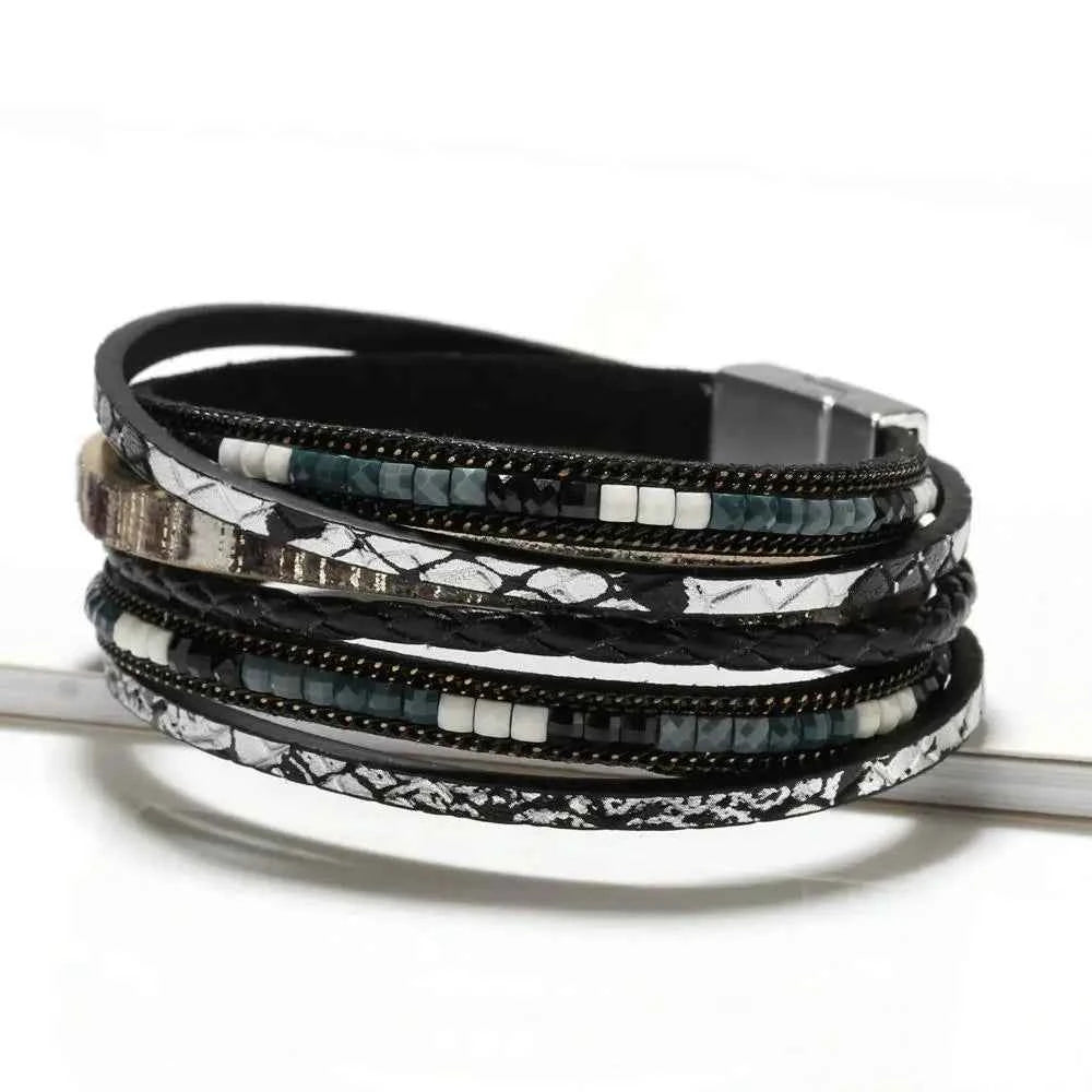 Multilayer Brown Leather Bracelet For Women Fashion Creative Bohemian Hand Woven Magnetic Clasp Bracelet