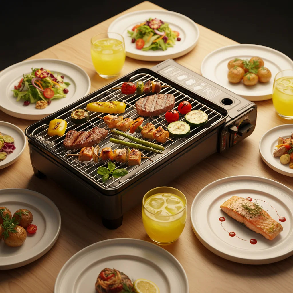 Portable Camping Grill Gas Stove, Butane Gas Burning Grill, Barbecue Grill Cooker for Ooutdoor Grilled Meat, Vegetables