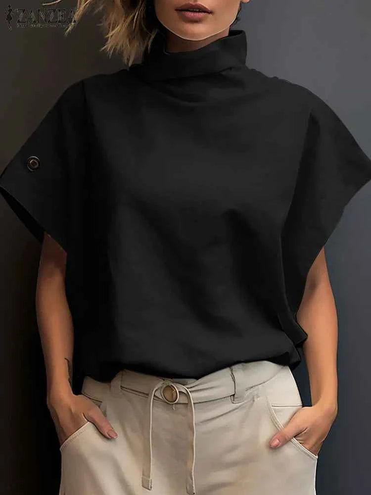 Women Fashion OL Work Shirt 2024 ZANZEA Summer Elegant Turtleneck Short Sleeve Blouse Casual Loose Office Tops Party Blusas