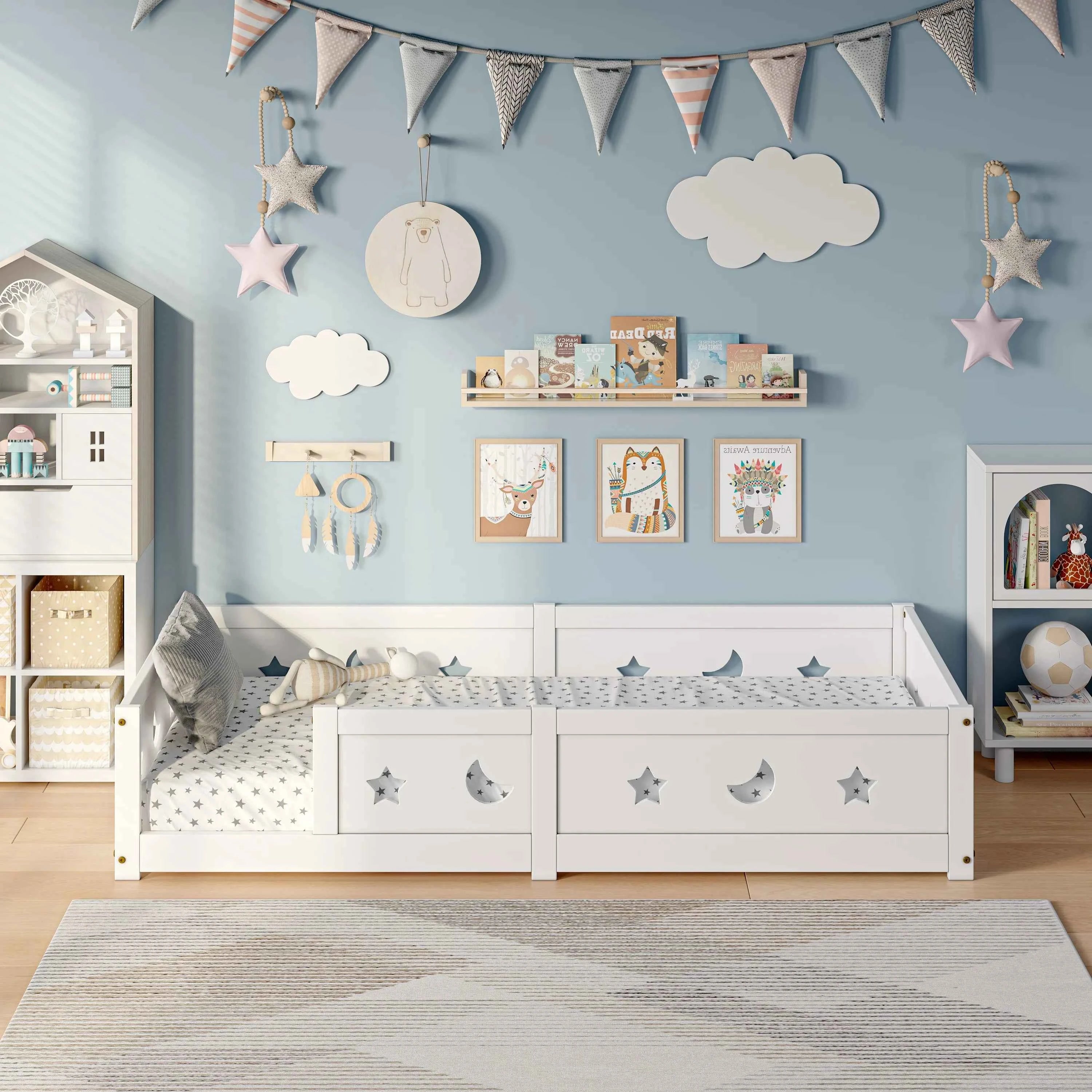 RosahqndaKids Children's Bed Solid Montessori Wooden Floor Bed with Fall Protection - Safe Toddler Bed - Scandinavian Design