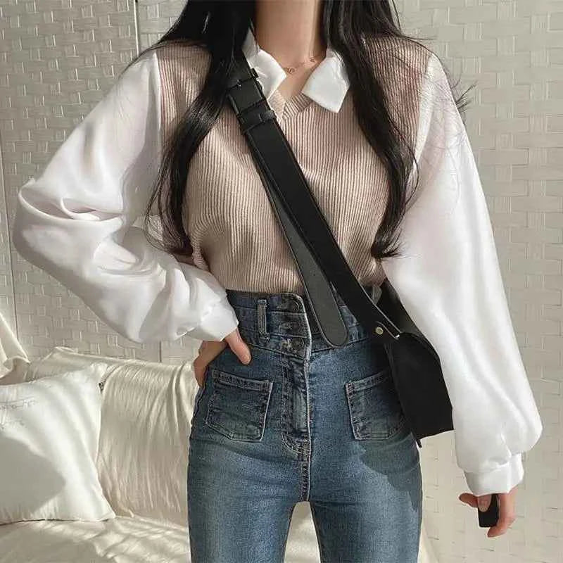 False Two-piece Polo Collar Women's Blouse Spring Casual Korean Shirt Y2k Tops Streetwear Loose Female Pullovers Elegant Blouses