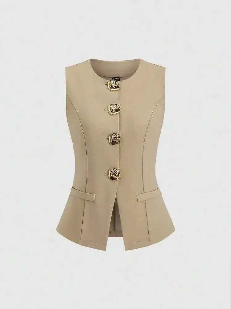 Fashionable Little Fragrance Style Women's Sleeveless round Neck Vest Waist-Cinching Pure Color Cross-Border Women's Jacket