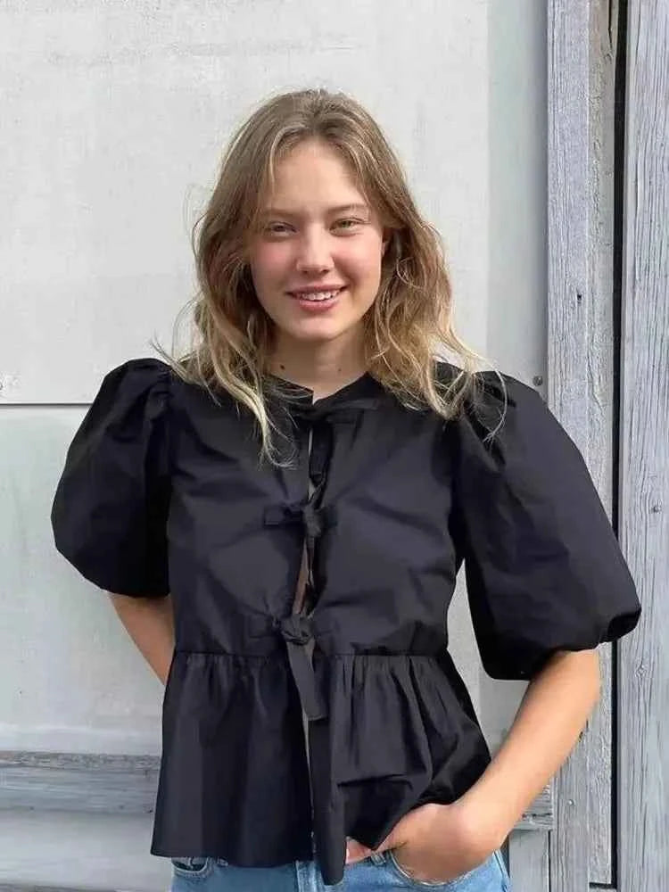 HH Fashion Solid Hollow Out Shirt Women Causal O Neck Short Sleeved Lace Up Tops Chic Female Casual Blouse Streetwear 2024