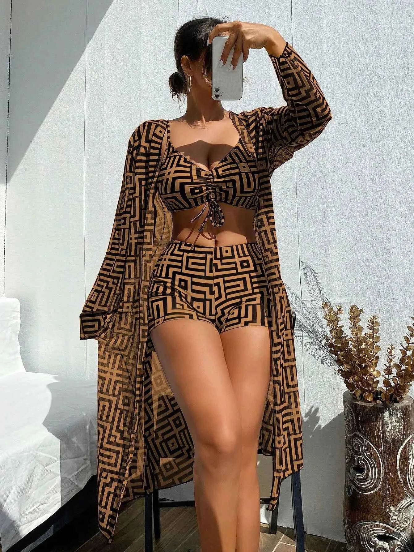 Women's Beach Summer Geometric Print Three-Piece Swimsuit Set with Long Sleeve Beach Cover-Up, Polyester Knit Fabric with Elasta