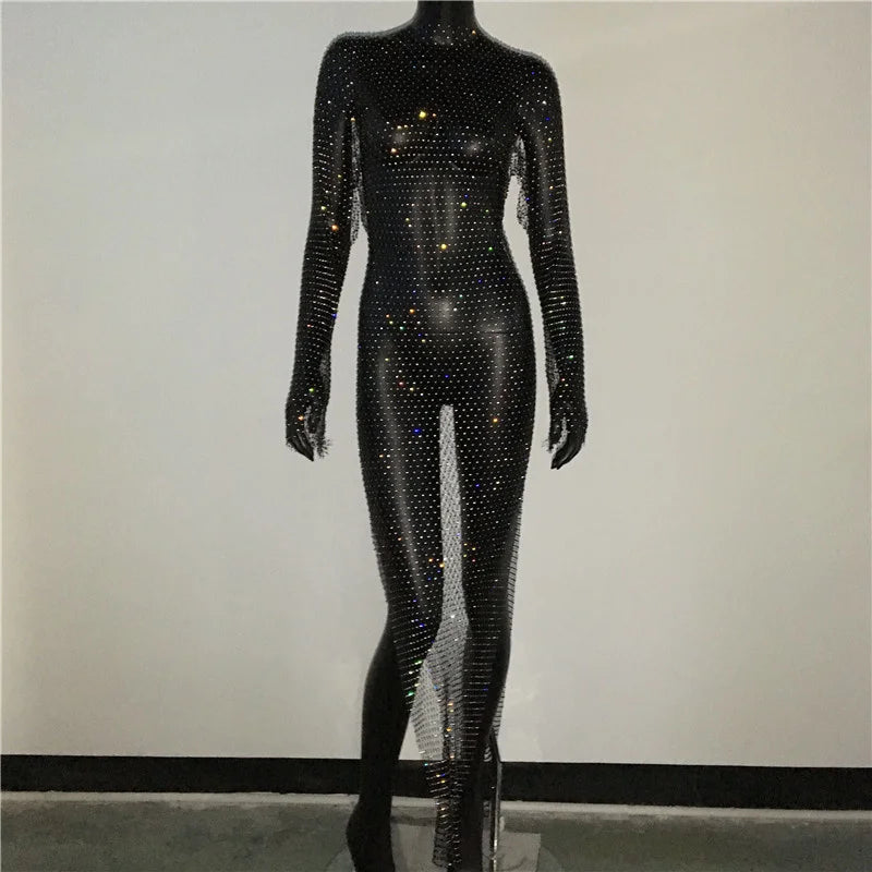 Y2K Sexy Shiny Rhinestones Grid Fishnet Dress Long Sleeve Hollow Out Side Slit Dress Beach Cover Up Breathable Lady Vestidos