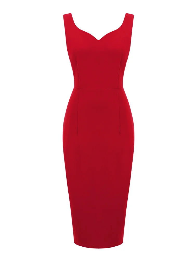Tonval Sweetheart Neck Sleeveless Office Midi Pencil Dresses for Women 2023 Vintage Red Solid Elegant Slim Bodycon Dress