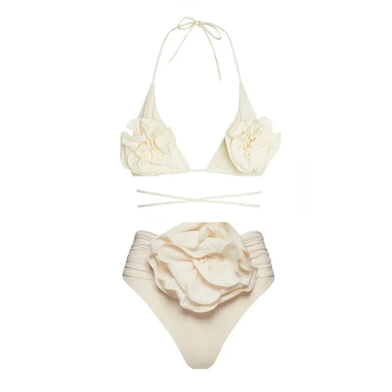2026 New Sexy White 3D Flower Solid Two Piece Push Up Bikini Set Luxury Swimwear Women Swimsuit Beachwear Summer Bathing Suit