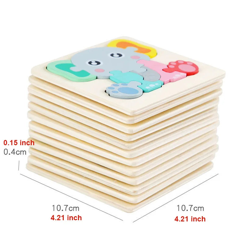 10.7cm/4.21in Kids Colorful 3D Puzzles Montessori Games Cartoon Animals Jigsaw Puzzle Baby Educational Wooden Toys for Children