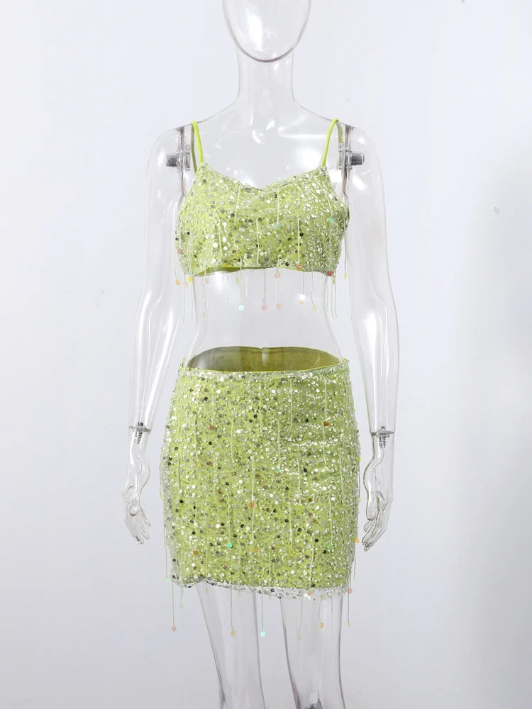 Sexy Tassel Chains Women's Set Elegant Solid Sequins Hip Package Female Party Mini Skirts Summer Holiday Lady Outfit Beachwear