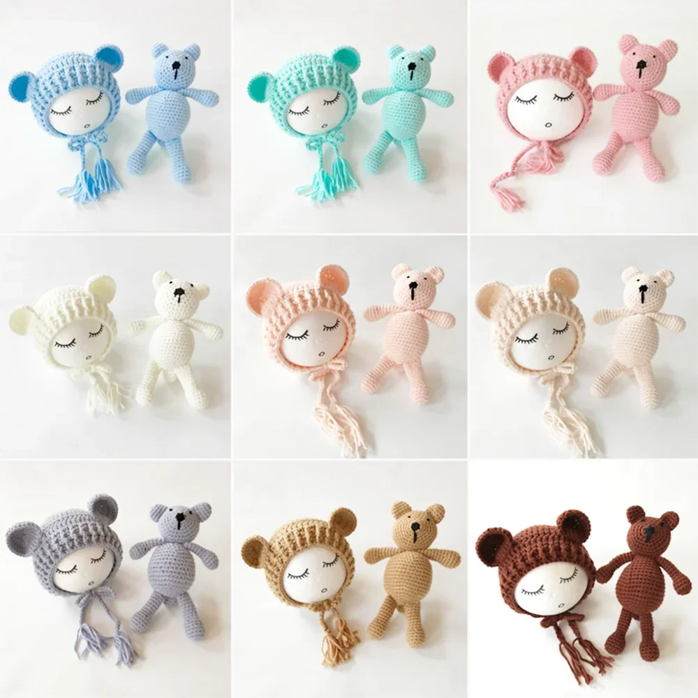 Newborn Photography Props Baby Bear Caps Rabbit Dolls Girls Boy Infant Baby Crochet Knitted Hat Photoshoot Accessories