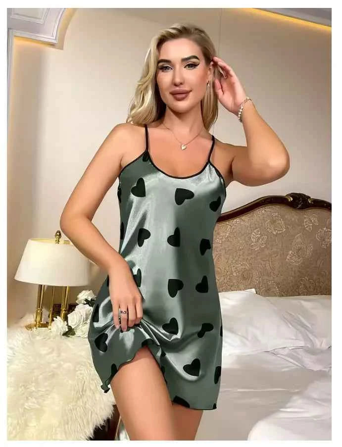Heart Print Slip Nightdress Casual Crew Neck Criss Cross Back Sleepwear Women's Dresses