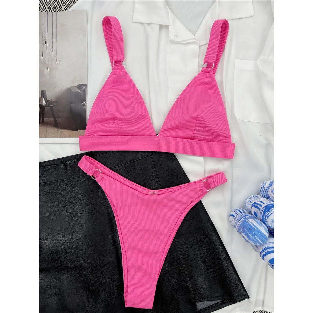 Sexy High Leg Cut Ribbed Bikini Women Swimwear Female Swimsuit Two-pieces Bikini set Padded Bather Bathing Suit Swim Lady V3255