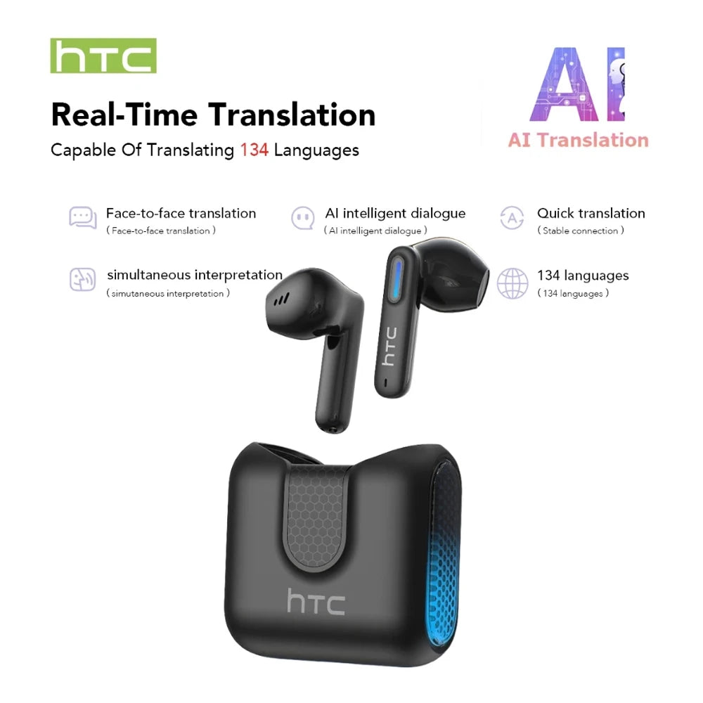2026 Language Translator Earbuds HTC NE49 TWS Low Latency Gaming Earphones Bluetooth HiFi Stereo Sound HD Call With Mic