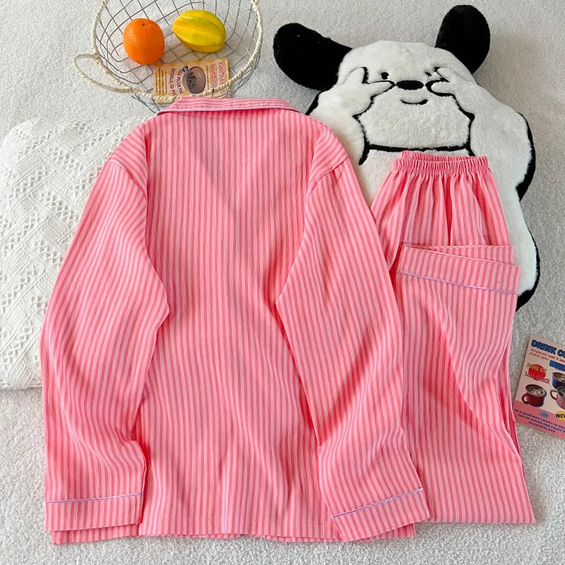 Embroidery Letter Pajamas Set Striped Rabbit Print Autumn Long Sleepwear Home Suit 2025 Lapel Neck New 2 Pcs Women's Pajamas