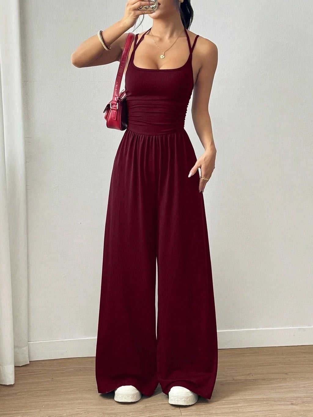 Women's Casual Pleated Loose Straight Leg Jumpsuit, Spring/Summer