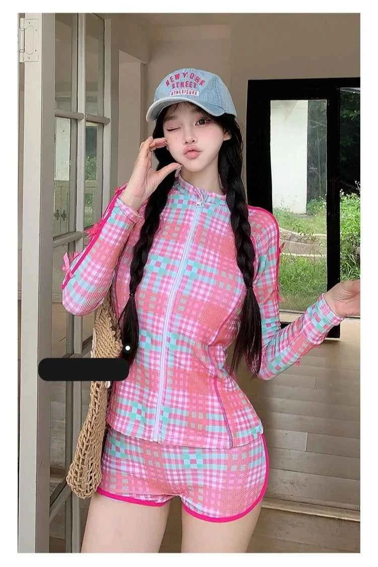 Sweet Girls Swimsuit Chic Cover Up Set 3pcs Long Sleeve UV Protection Swimdress Modest Boyleg Swimwear for Girls Swim Skirt