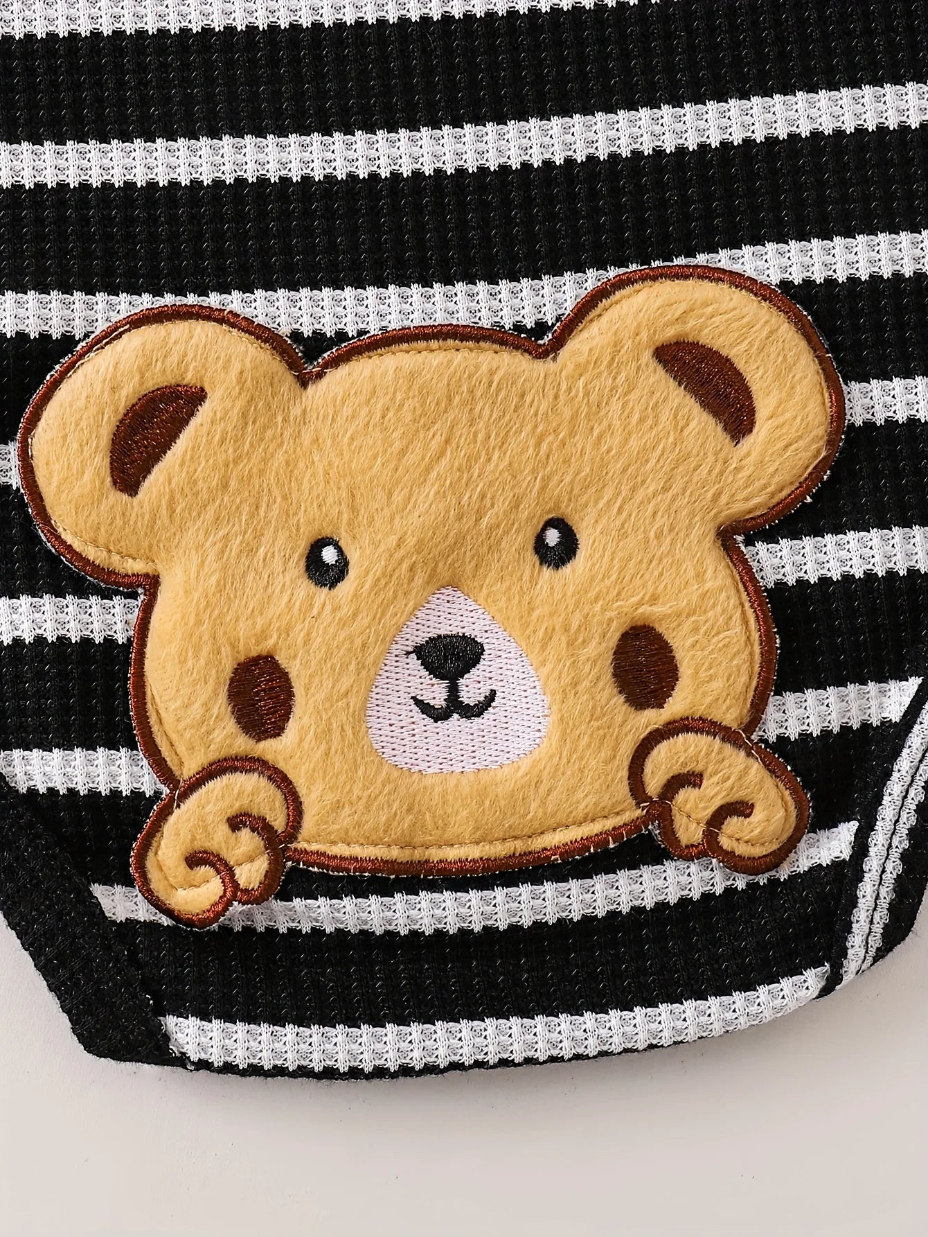 Single-Piece Polyester-Spandex Knit Striped Baby Boy Romper with Fun Cartoon Bear Patch Pattern, Black and White Stripes, for Spring and Summer Casual Style