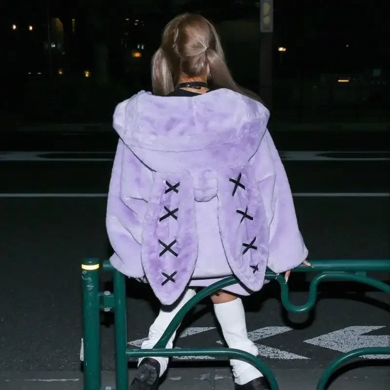 2026 New Harajuku Rabbit Ears Plush Coat Winter New Japanese Plush Coat Women Dark Punk Medium Plush Coat