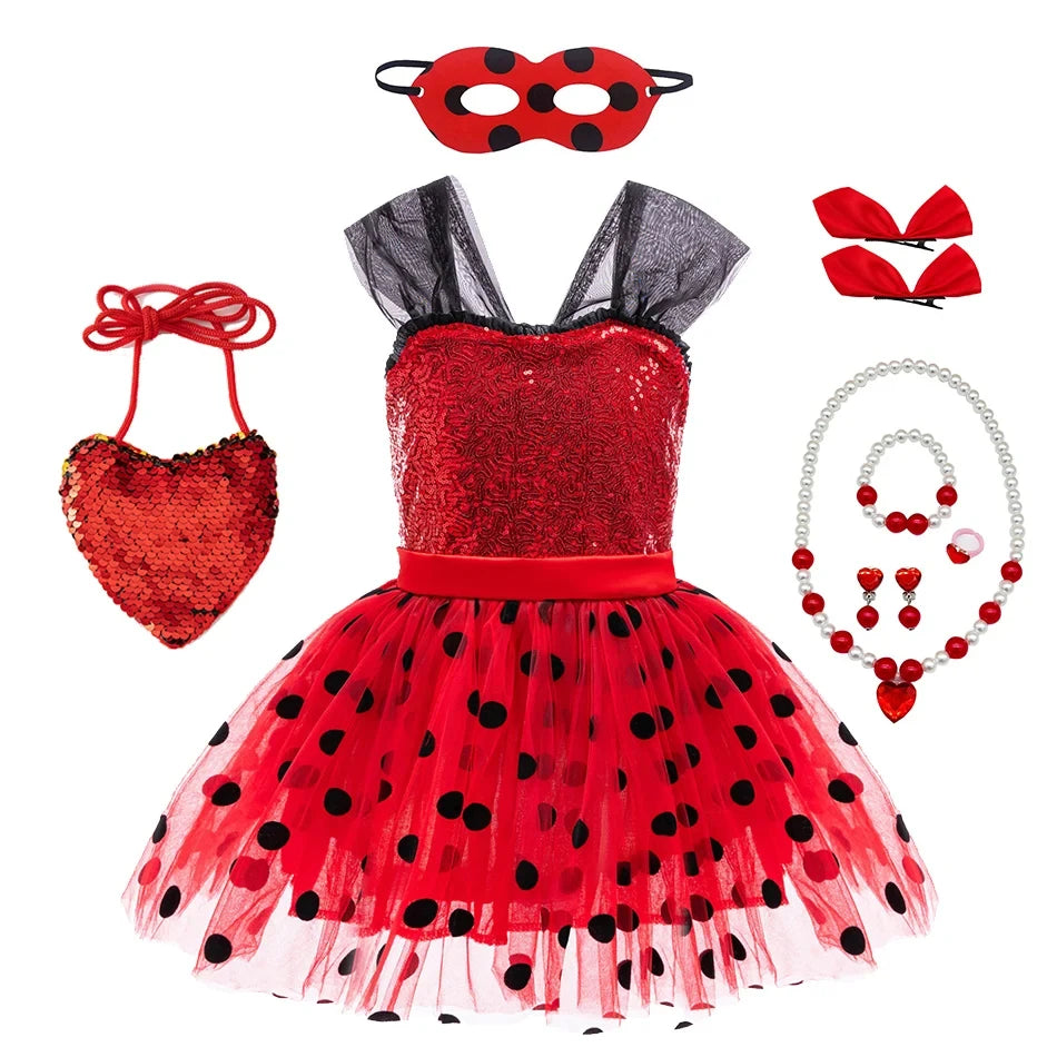 Children Ladybug Cosplay Costume Kid Marinette Halloween Outfit Christmas Fancy Party For Girl Red Dot Dress Suits Birthday Gift
