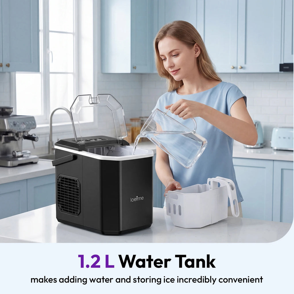 LOEFME 12kg/24h Electric Ice Maker Machine Bullet Ice 6 Mins 9pcs Ice Cubes Self-Cleaning Ice Maker for Home Cafes Camping Party