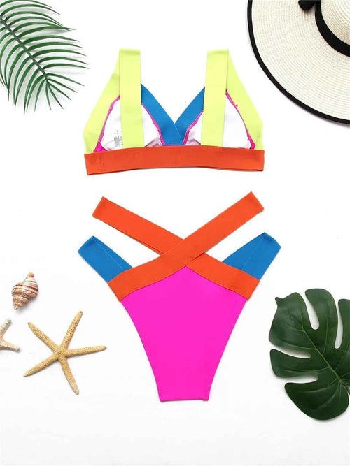 2025 High Waist Bikini Straped Swimsuit Block Color Women Solid Swimwear Female Bathers Bathing Swimming Suit Beachwear Summer