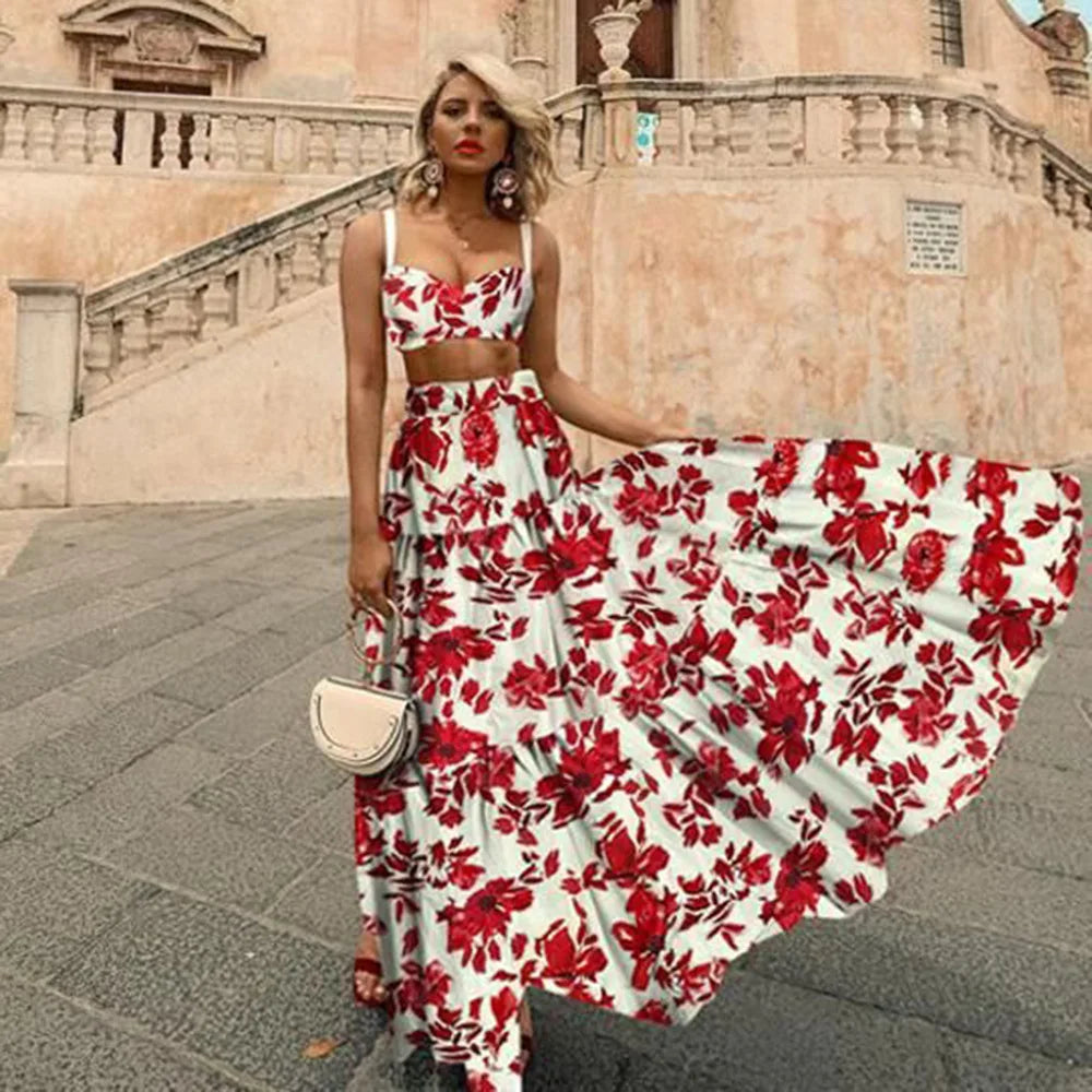 Bohemian Style Print Skirt Two Piece Set For Women Sexy Crop Camisole Casual Beach Holiday A-line Skirts 2 Piece Sets Female New